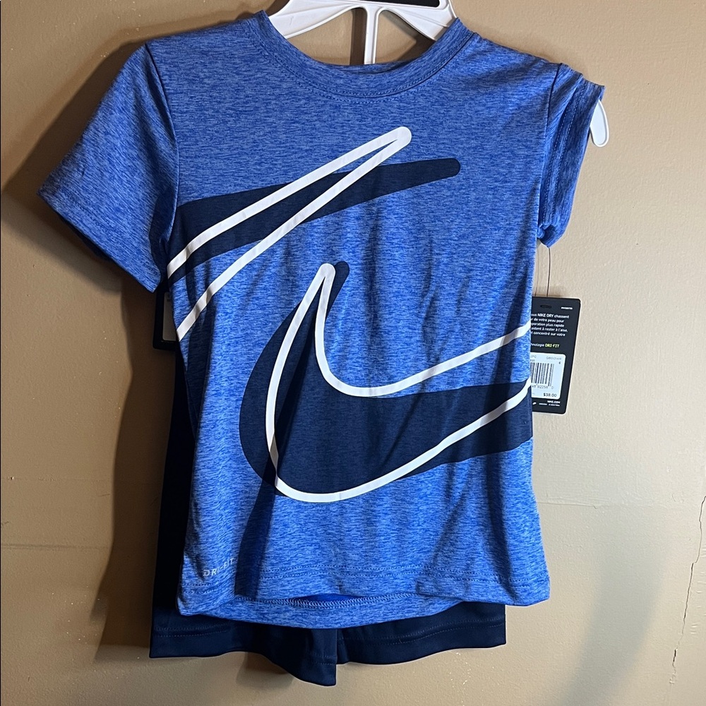 Nike Blue Heather Short Sleeve Tee with White & Navy Swoosh Shorts